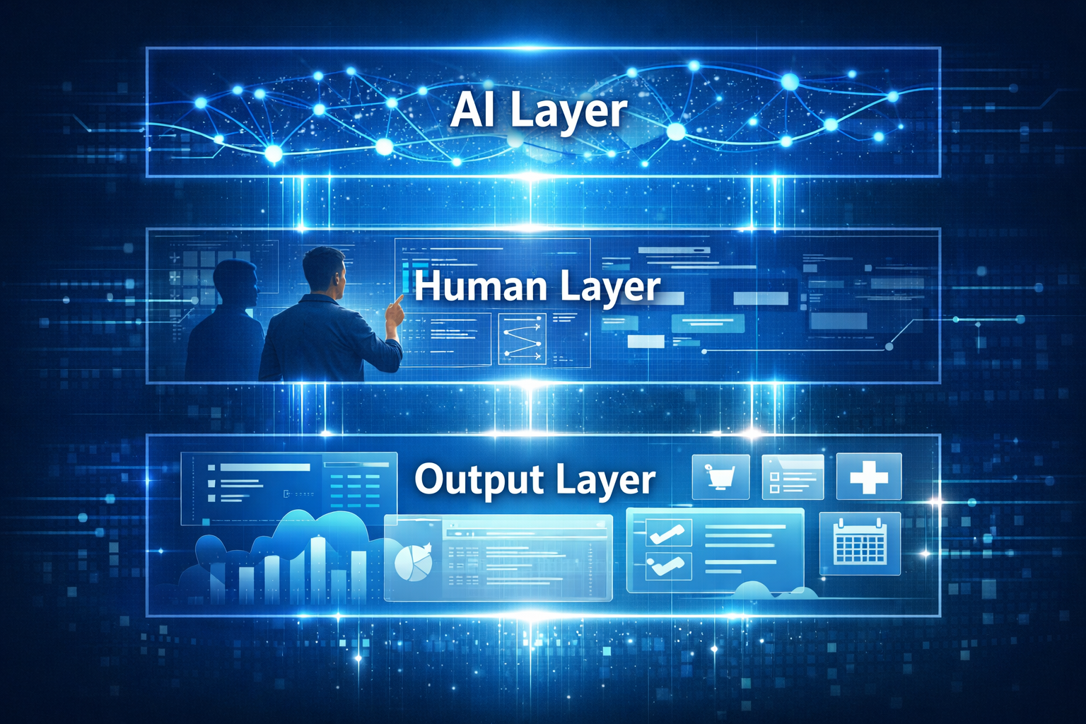 Placeholder diagram of AI layer, human layer, and output layer